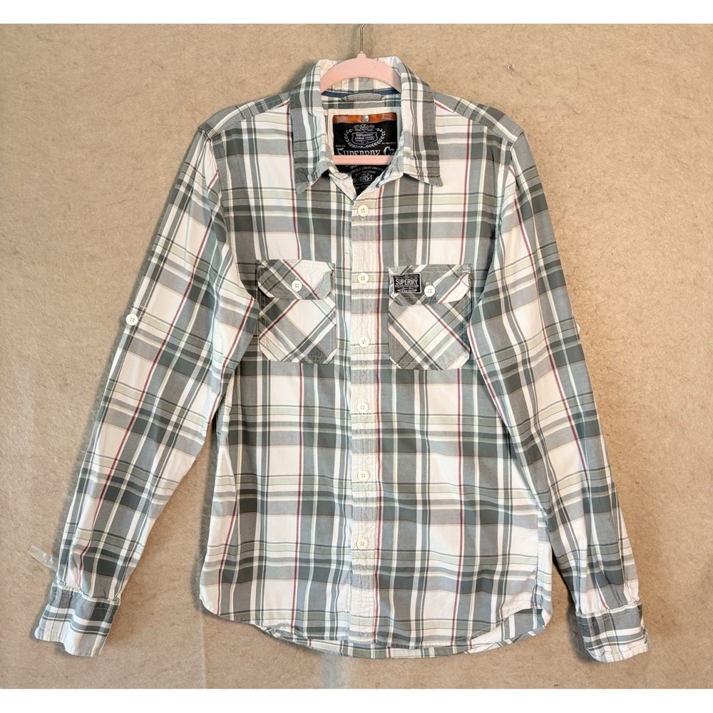 Superdry Flannel Shirt Mens Sz M Green Plaid Pockets Lumber Jack - SIZE NOTE